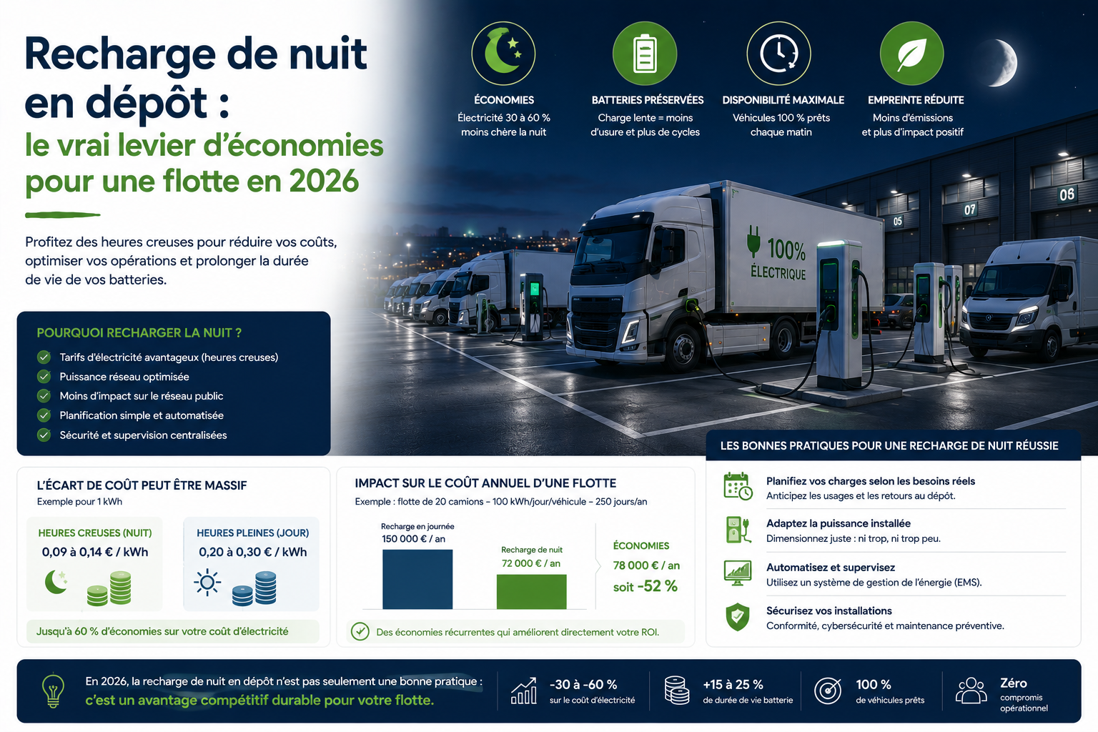 Recharge de nuit en dépôt : camions en charge sur les heures creuses 2026